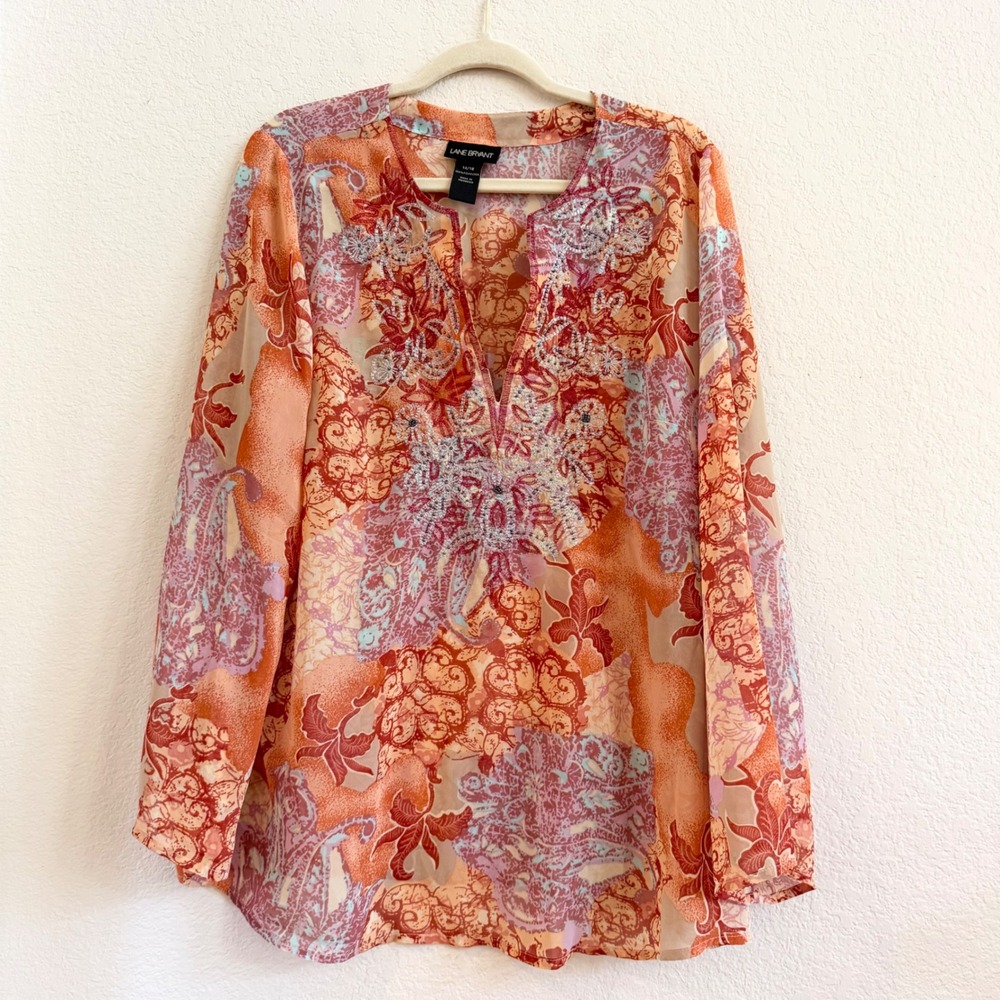 Lane Bryant Beaded Floral Paisley Sheer Tunic Blouse Orange Pink Plus Size 14/16